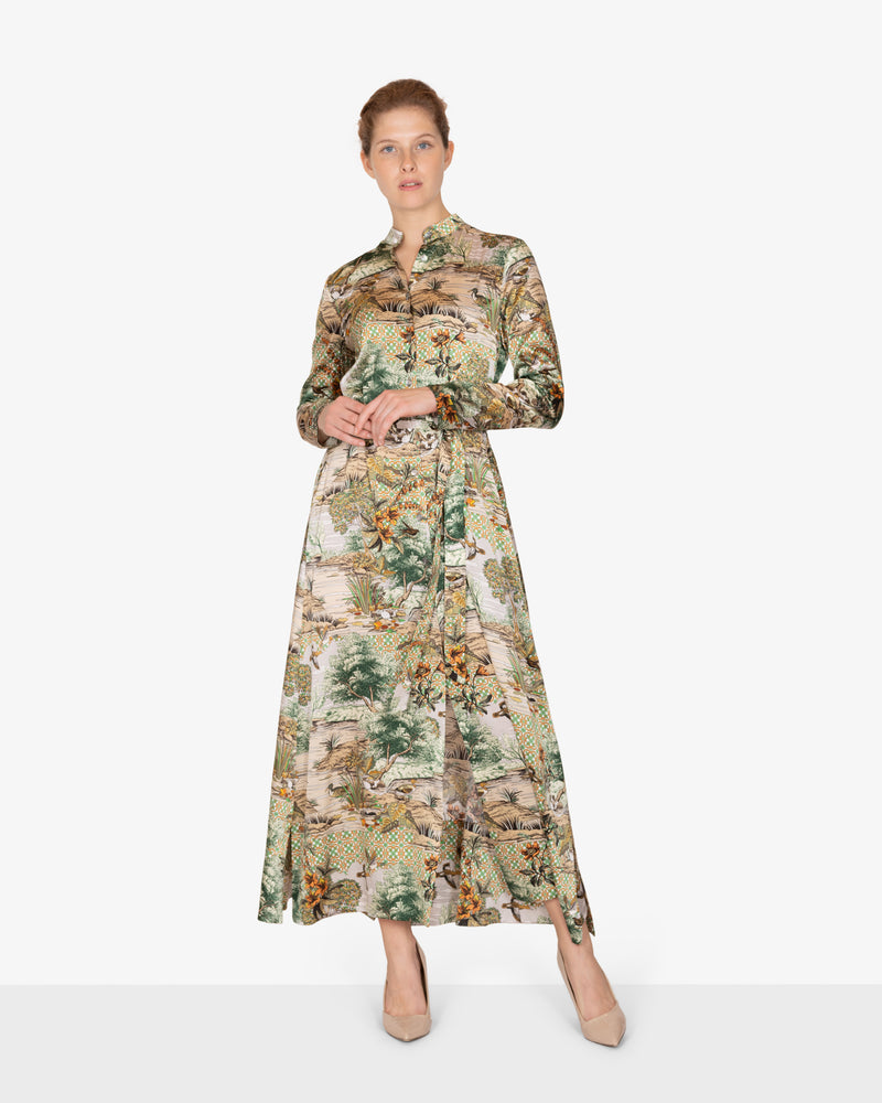 Dress with button placket &amp; motif print made of silk