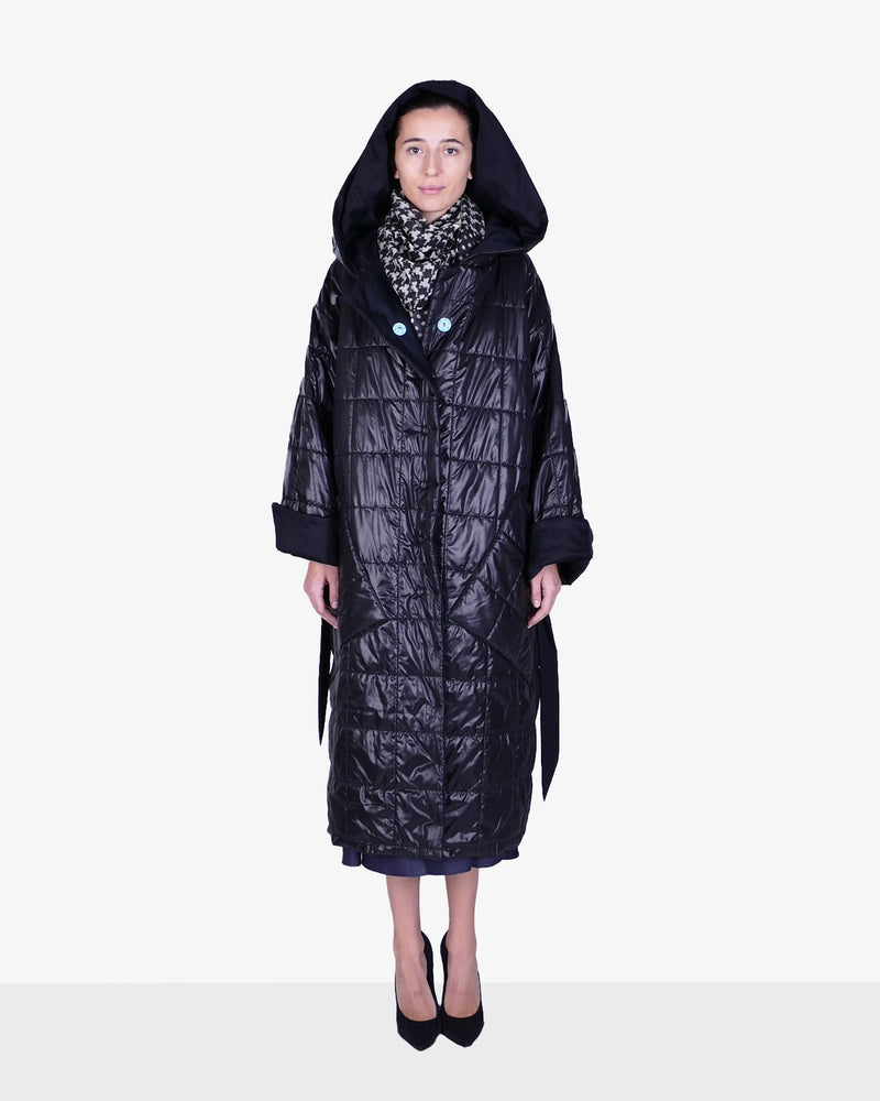 Reversible coat with large hood