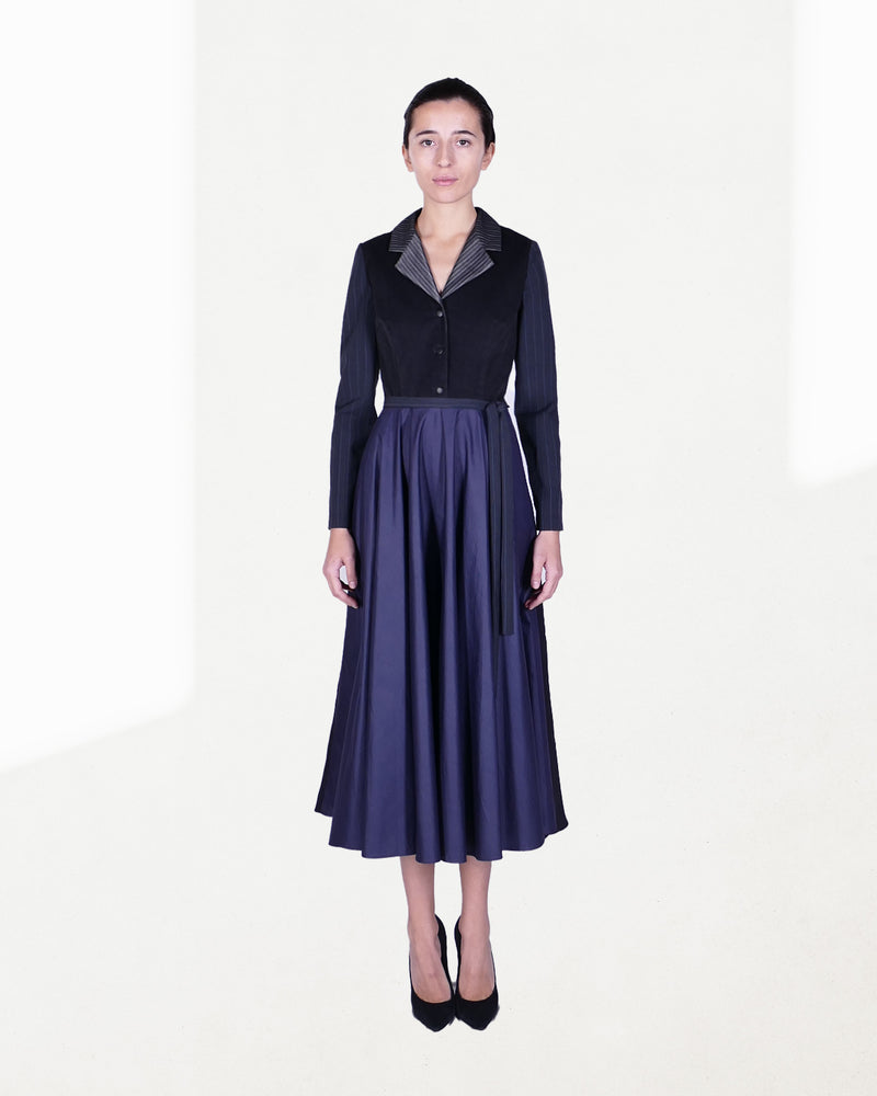 Dress with a button placket and a wide skirt